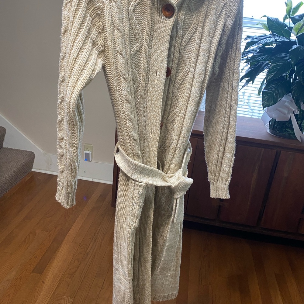 Hooded Cream Cable Knit Cardigan with Belt